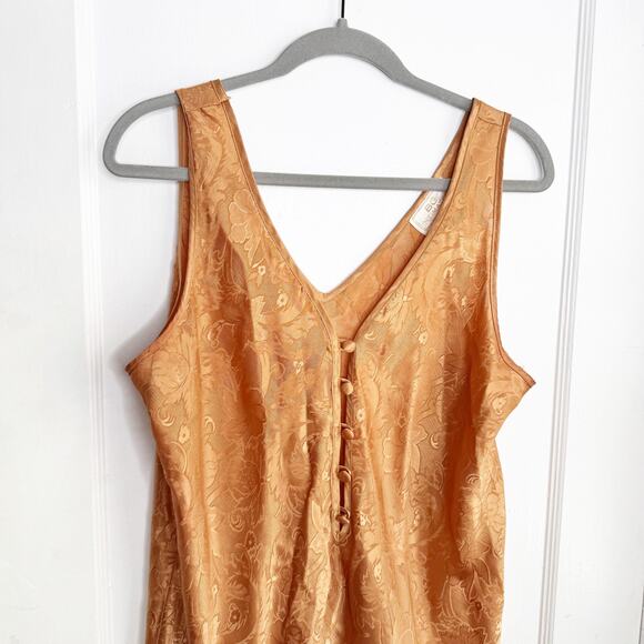 Vintage Satin Embossed Floral Print Slip Dress Orangish Brown Deep V-Neck Large - Picture 2 of 10